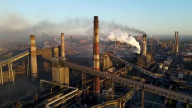 steel plant smoke from chimneys bad ecology drone flight 4K video