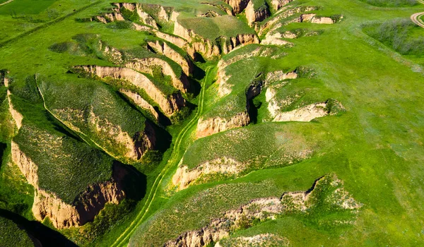 峡谷悬崖峭壁绿草山顶景观 — 图库照片