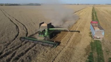Buğday tarlası hasatçısı uçan dron kamyonu hasat ediyor tahıl ekmeği yüklüyor