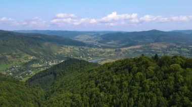 Slovenya 'nın güneyindeki uçsuz bucaksız dağ ve ormanların sarhoş edici hava manzarası. Drone ormanda uçuyor.