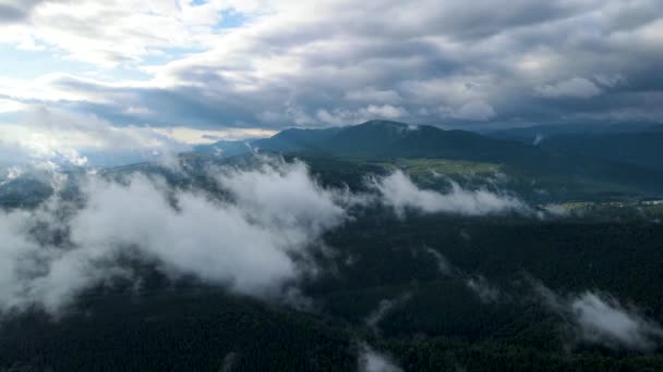 Deštivé počasí v horách. Mlhavá mlha vanoucí nad borovým lesem. Letecké záběry smrkových lesních stromů na horských kopcích v mlhavý den. Ranní mlha v krásném podzimním lese.