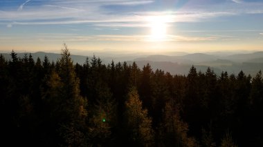 Gündoğumunda insansız hava aracı uçuşu, dağlar, orman, ABD, Amerika