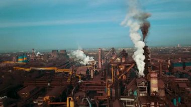 Factory plant smoke from chimneys metallurgical plant drone flyover