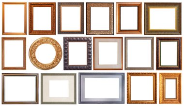 Beyaz arka planda izole edilmiş resim çerçeveleri oyulmuş antika altın