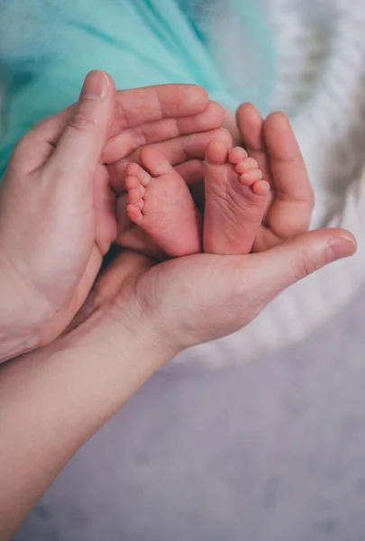 Maman Tient Les Petites Jambes Bébé Prématuré Dans Ses Mains — Photo