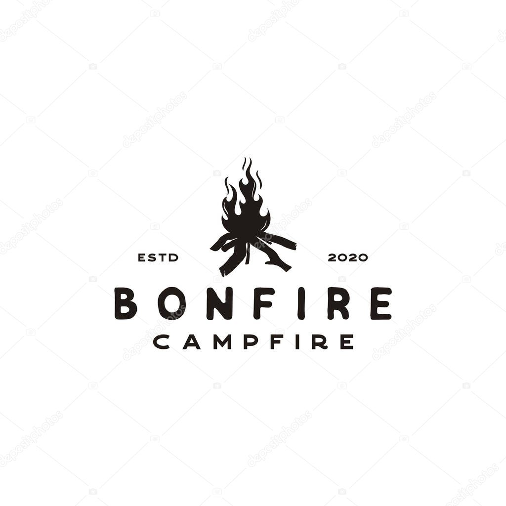 Vintage Burning bonfire with a large flame for camping logo design