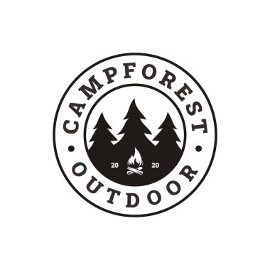 Firavun Çamları Evergreen ağacı, kamp ateşi macera damgası logosu tasarımı