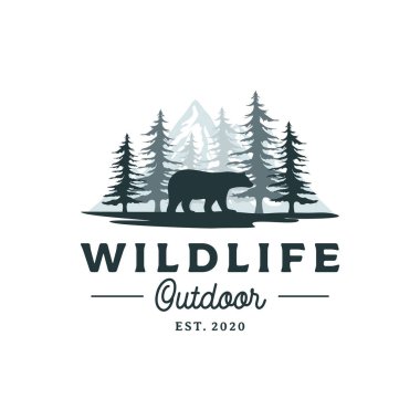 Bear, Mountain ve Pine Cedar Conifer Vahşi Yaşam Macera Logosu Tasarımı