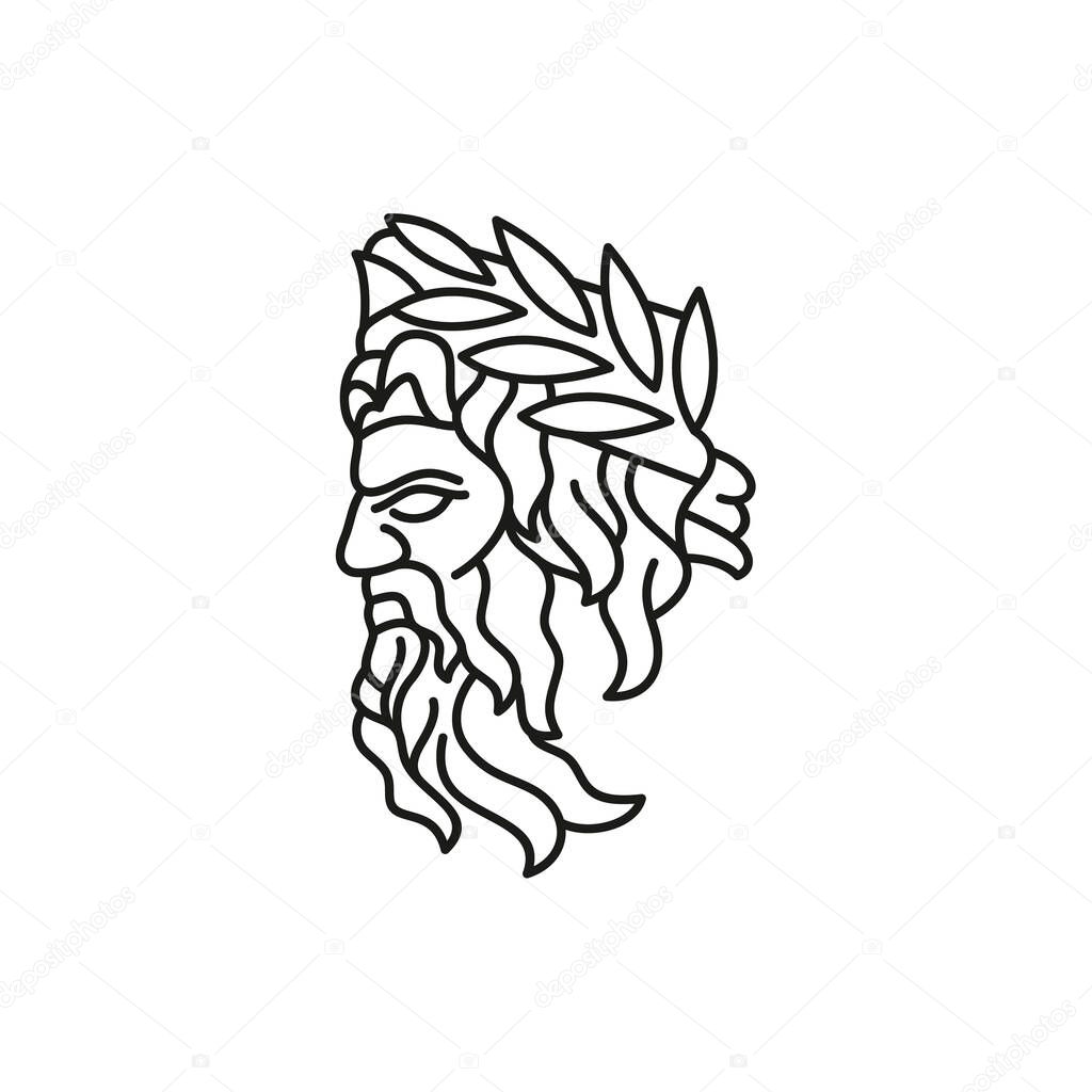 Greek god Zeus Line Art Logo. Ancient Greek God Sculpture Philosopher. Face Zeus Triton Neptune Logo Design