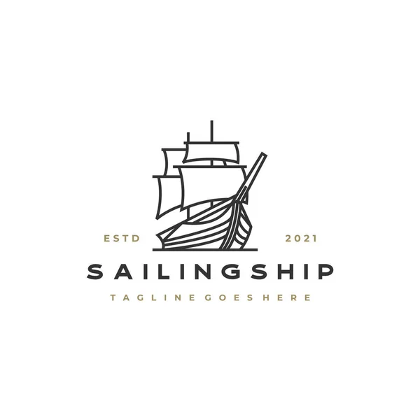 Antika Retro Line Sanat Yelkenli Gemi Logosu Tasarımı — Stok Vektör