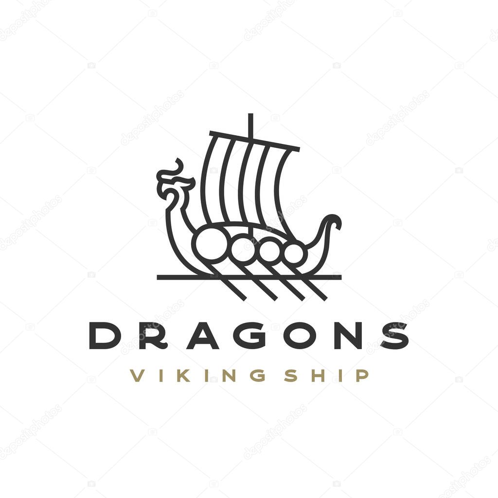 Line art Viking Ship Logo Design Vector