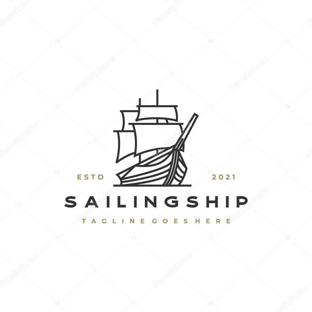Vintage Retro Line art Sailing Ship Logo Design