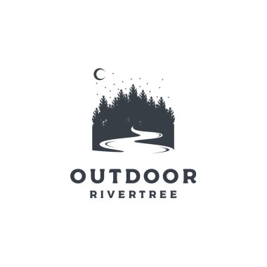 River Illustration Hand Logo Tasarım Vektörlü Klasik Çam Ormanları