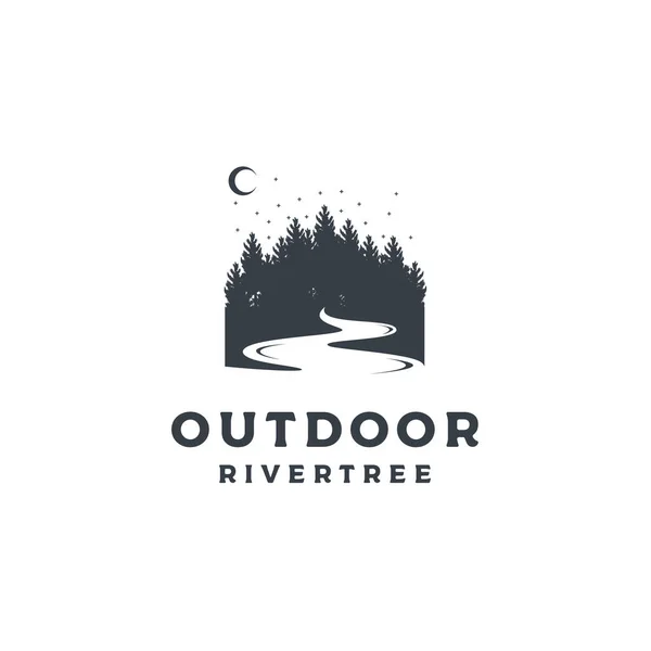 Weinlese Kiefernwälder Mit Fluss Illustration Handzeichnung Logo Design Vektor — Stockvektor