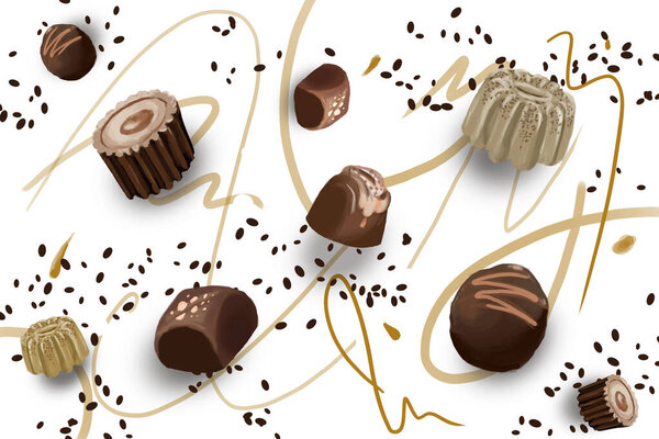 chocolate candies on the white background drawing picture