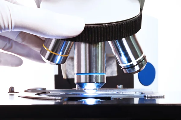 Close up shot of microscope at the blood laboratory — Stock Photo, Image