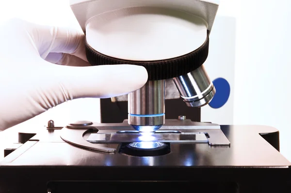 Close up shot of microscope at the blood laboratory — Stock Photo, Image