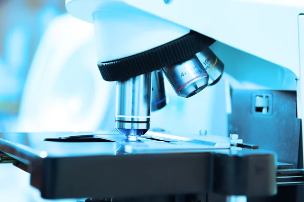 Close up shot of microscope at the blood laboratory — Stock Photo, Image