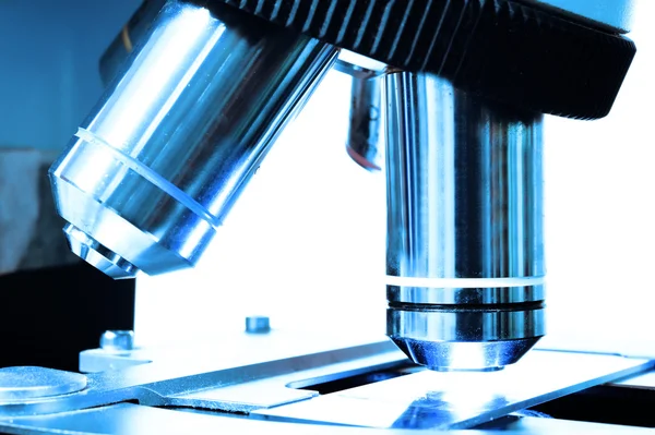 Close up shot of microscope at the blood laboratory — Stock Photo, Image