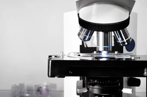 Close up shot of microscope at the blood laboratory — Stock Photo, Image