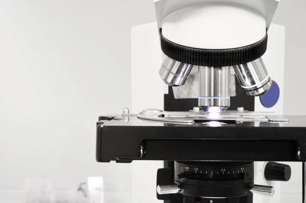 Close up shot of microscope at the blood laboratory — Stock Photo, Image