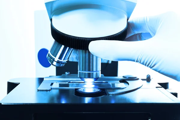 Close up shot of microscope at the blood laboratory — Stock Photo, Image