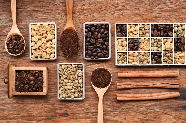 Coffee beans with ground coffee in wooden spoon and cinnamon