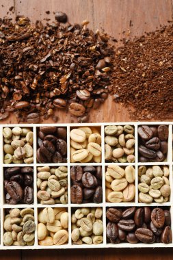 Ahşap kutusunda farklı kahve formları 