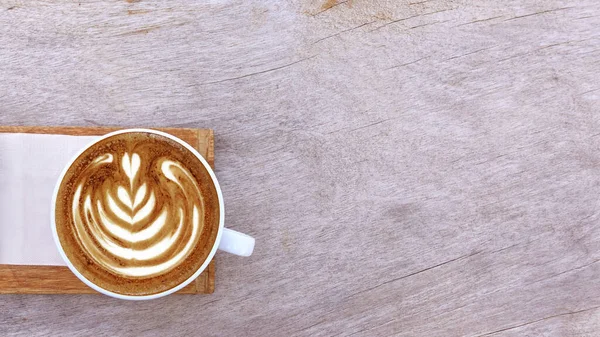 Šálek Kávy Latte Art Dřevěném Pozadí — Stock fotografie