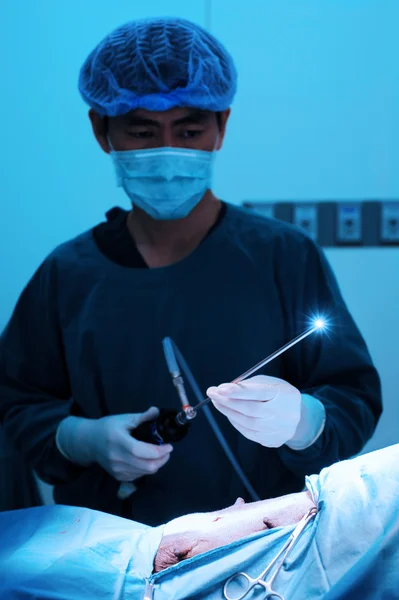 腹腔鏡手術 (芸術的な照明のショットのオペレーション ルームで獣医の医者) — ストック写真