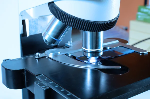 Close up shot of microscope at the blood laboratory — Stock Photo, Image