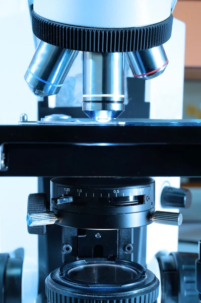 Close up shot of microscope at the blood laboratory — Stock Photo, Image