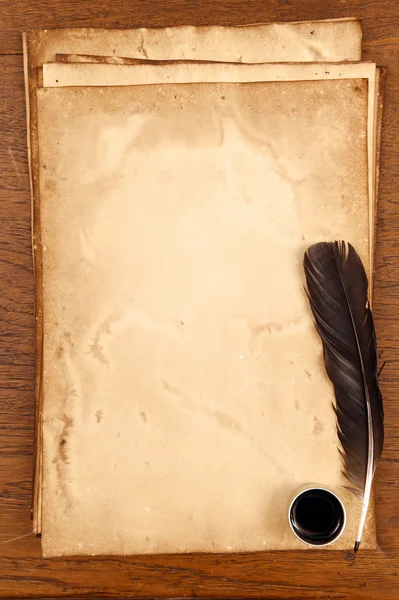 老纸上用羽毛和油墨的棕色木材纹理 — 图库照片