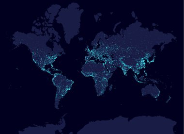 Dünya 'da gece Dünya Haritası, dünya günü konsepti, dünya nüfusunun en büyük şehirleri. Glow İnfografik elemanları. Şehirleşme ve küreselleşme fikri. Aqua Neon luminanse. HUD elemanları