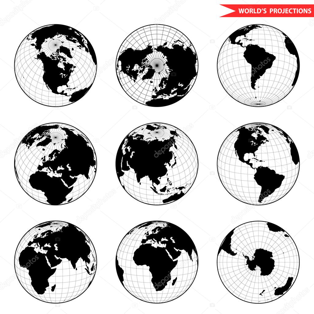 Set of different globe hemishpere. World view from space icon.