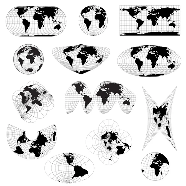 Reihe unterschiedlicher Weltprojektionen. — Stockvektor
