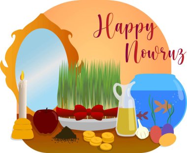 Mutlu nowruz illüstrasyonları. Nowruz Haft-sin ögeleri.