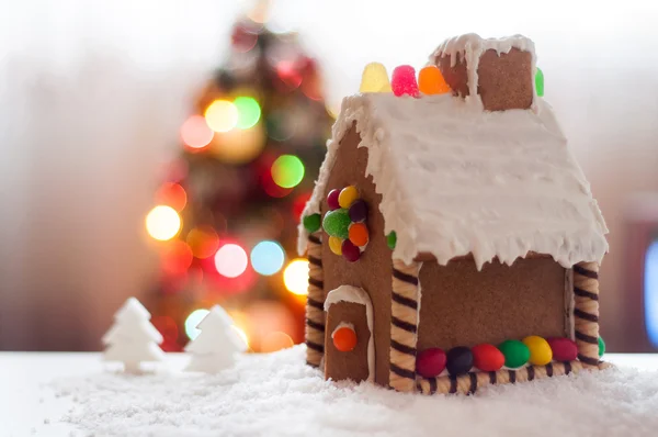 Gingerbread house Christmas lights background — Stock Photo, Image