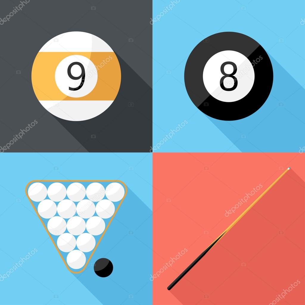 Billiard icons. Flat design style modern vector illustration. Isolated on stylish color background. Flat long shadow icon. Elements in flat design.