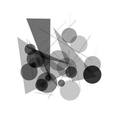 An abstract composition featuring overlapping circles, triangles, and lines in various shades of gray against a white background.