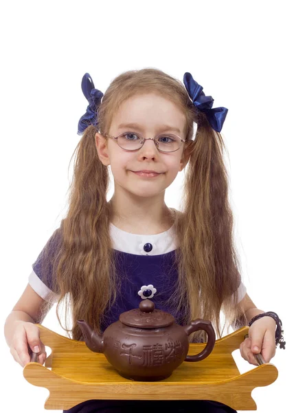 Girl with tea kettle — Stock Photo, Image