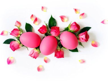 Beyaz arka planda pembe tomurcuklu pembe yumurtalar