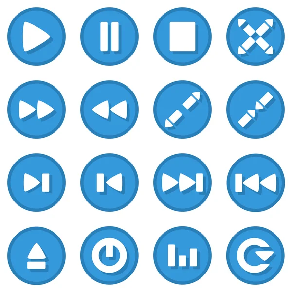 Icône de lecteur vidéo set de couleur bleue design plat avec ombrage bouton — Image vectorielle
