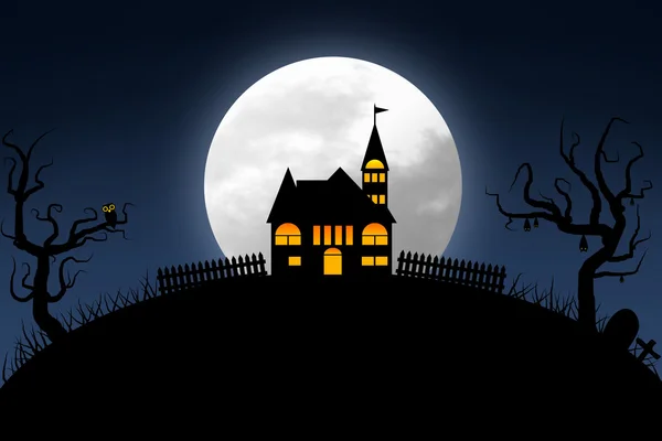 Illustration de la nuit d'Halloween avec ciel bleu foncé et pleine lune, château sur colline, silhouette d'arbre et pierre tombale — Photo