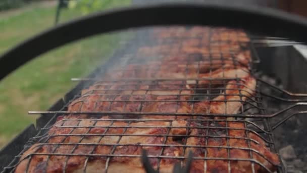 Gemarineerde Shashlik Bereidt Zich Voor Een Barbecue Boven Houtskool Shashlik — Stockvideo