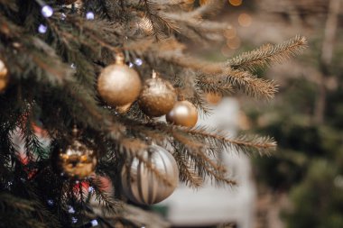 Noel ağacı süslemeleri. Noel arkaplanı. Doğa. 2021