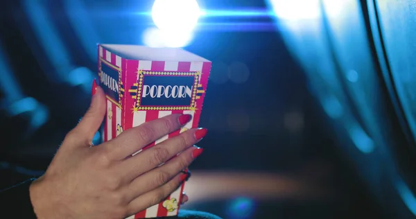 Close Female Hand Holding Popcorn Cinema Theater — Stock Photo, Image