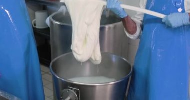 Süt ürünlerinde mozzarella peyniri yapan adamların yakın çekim görüntüleri.