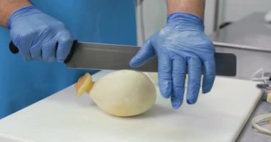 Süt ürünlerinde mozzarella peyniri yapan adamın yakın çekim görüntüleri.