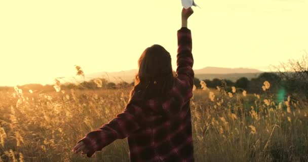 小麦畑で紙飛行機で遊ぶ若い女性 — ストック動画